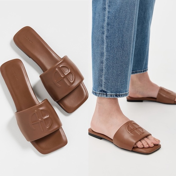 NEW NIB Anine Bing Ria Logo Embossed Lambskin Slides In Cognac Brown